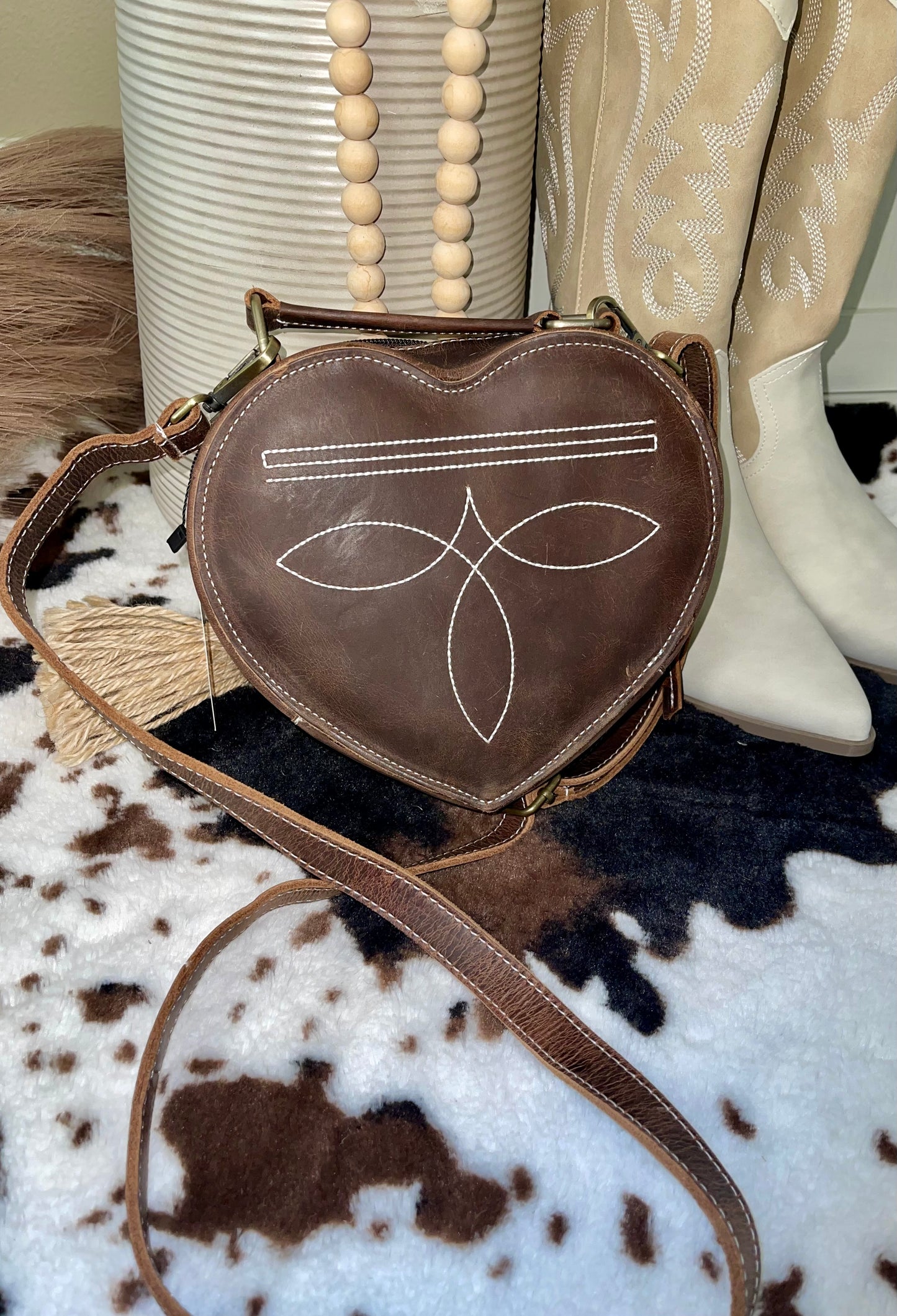 Vintage Heart Leather Boot Stitch Crossbody