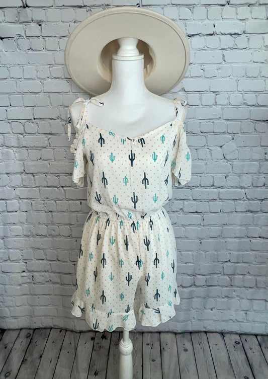 White Romper brown polka dots with light and dark blue Cactus